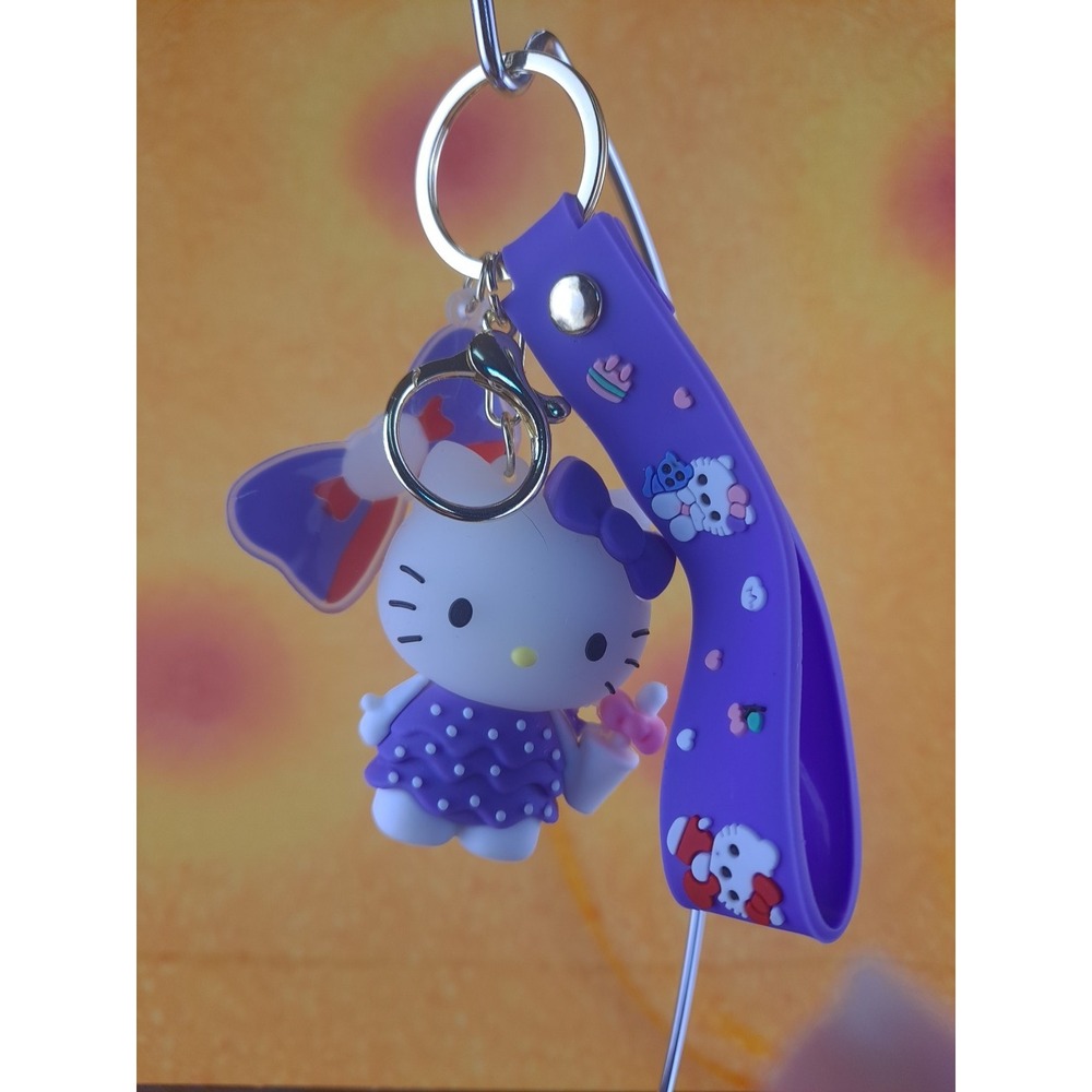 New Hello Kitty PVC 3D Backpack Purse Charm Keychain Purple Dress With Polka-Dot